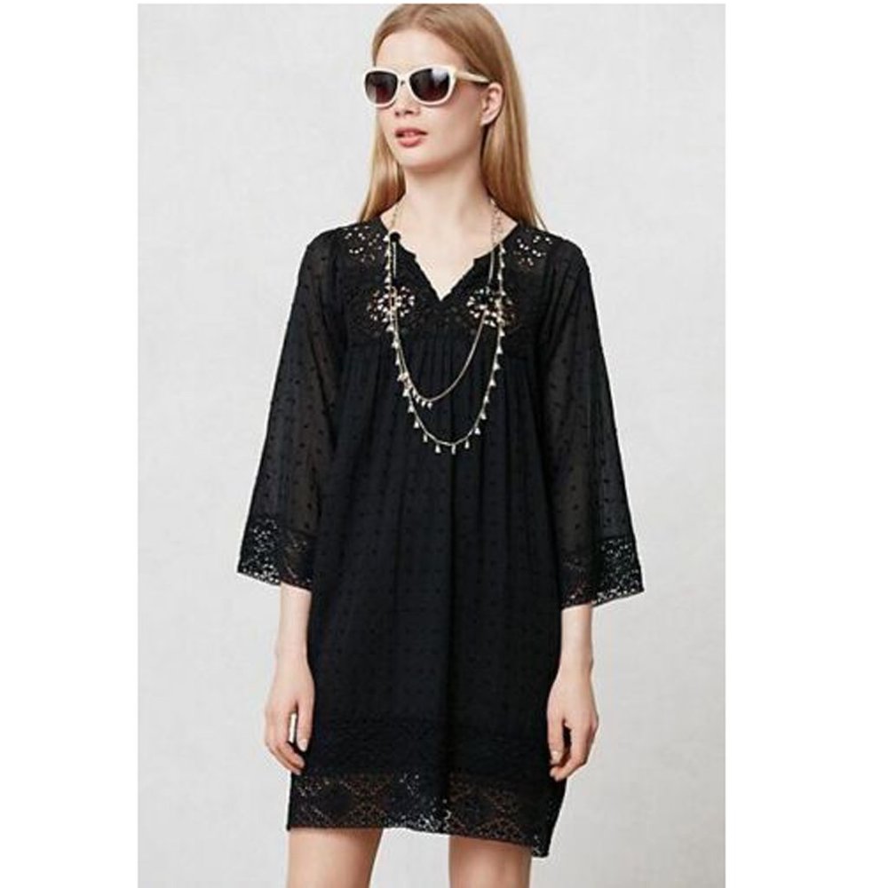 Anthropologie Devon Swing Embroidered Mini Dress Lace Cotton Black XS New - Picture 1 of 5